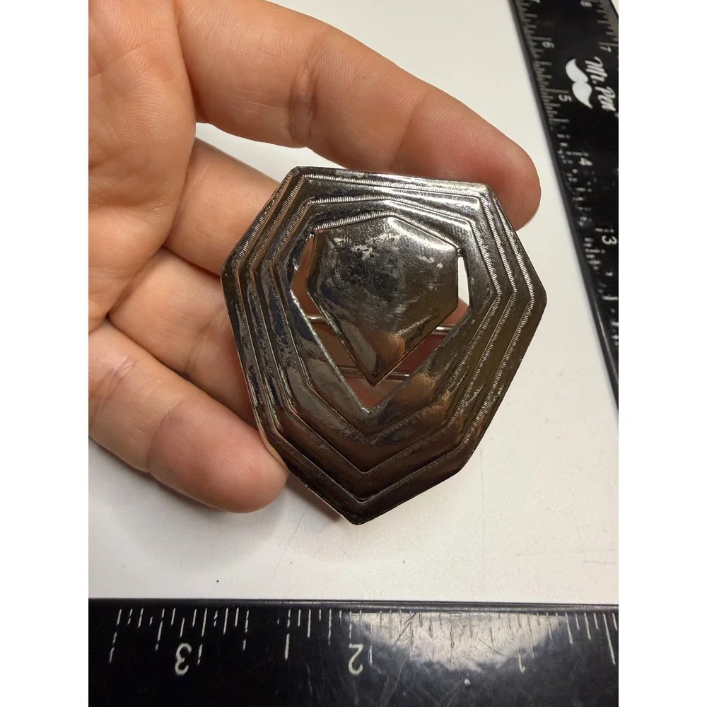 Vintage Silver Tone Geometric Shield Belt Buckle Brutalist Statement Accessory